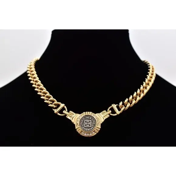 Givenchy Vintage Coin Medallion Collar Necklace Chunky Curb Gold Signed BinBM - Picture 1 of 12